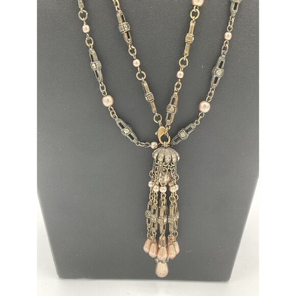 Vintage Faux Pearl Metal Link Necklace Tassel Pendant Elegant Statement Jewelry - Picture 2 of 4